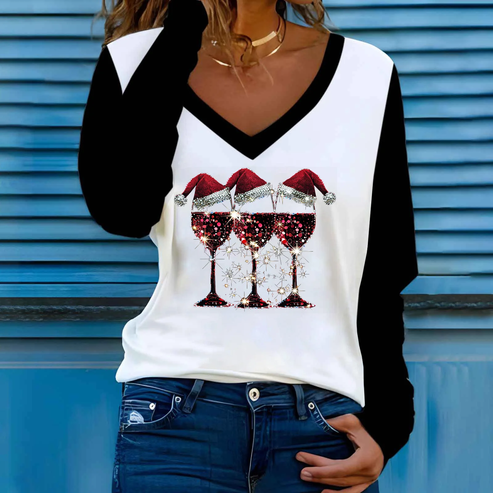 Christmas Hat Loose V Neck Casual T-Shirt