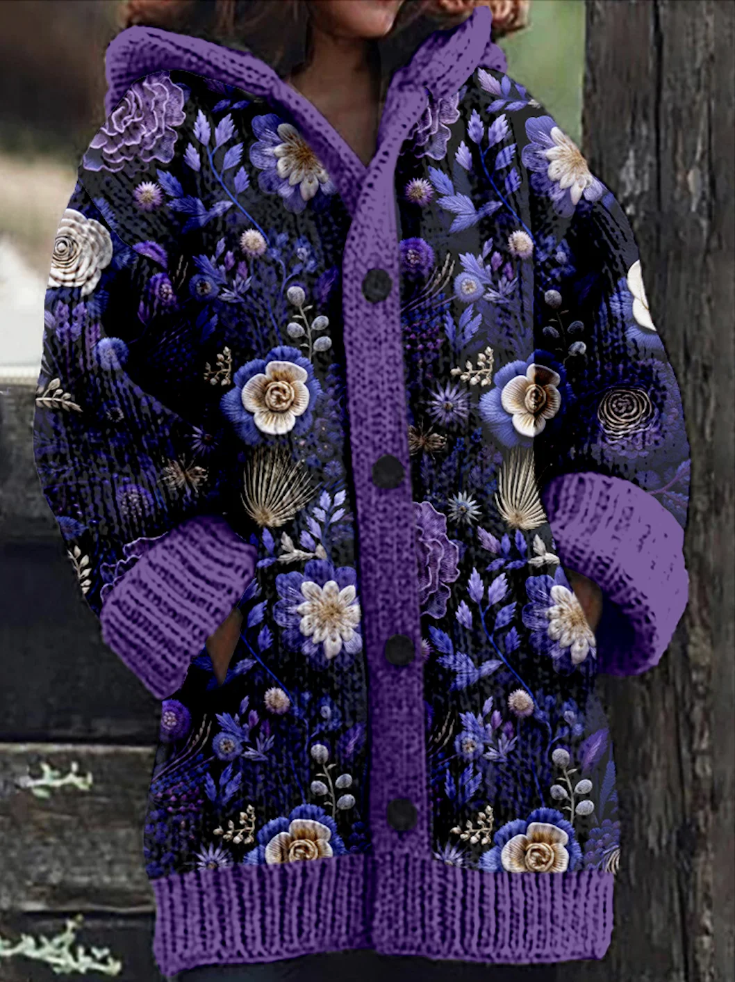 Floral Casual Hoodie Wool/Knitting Cardigan