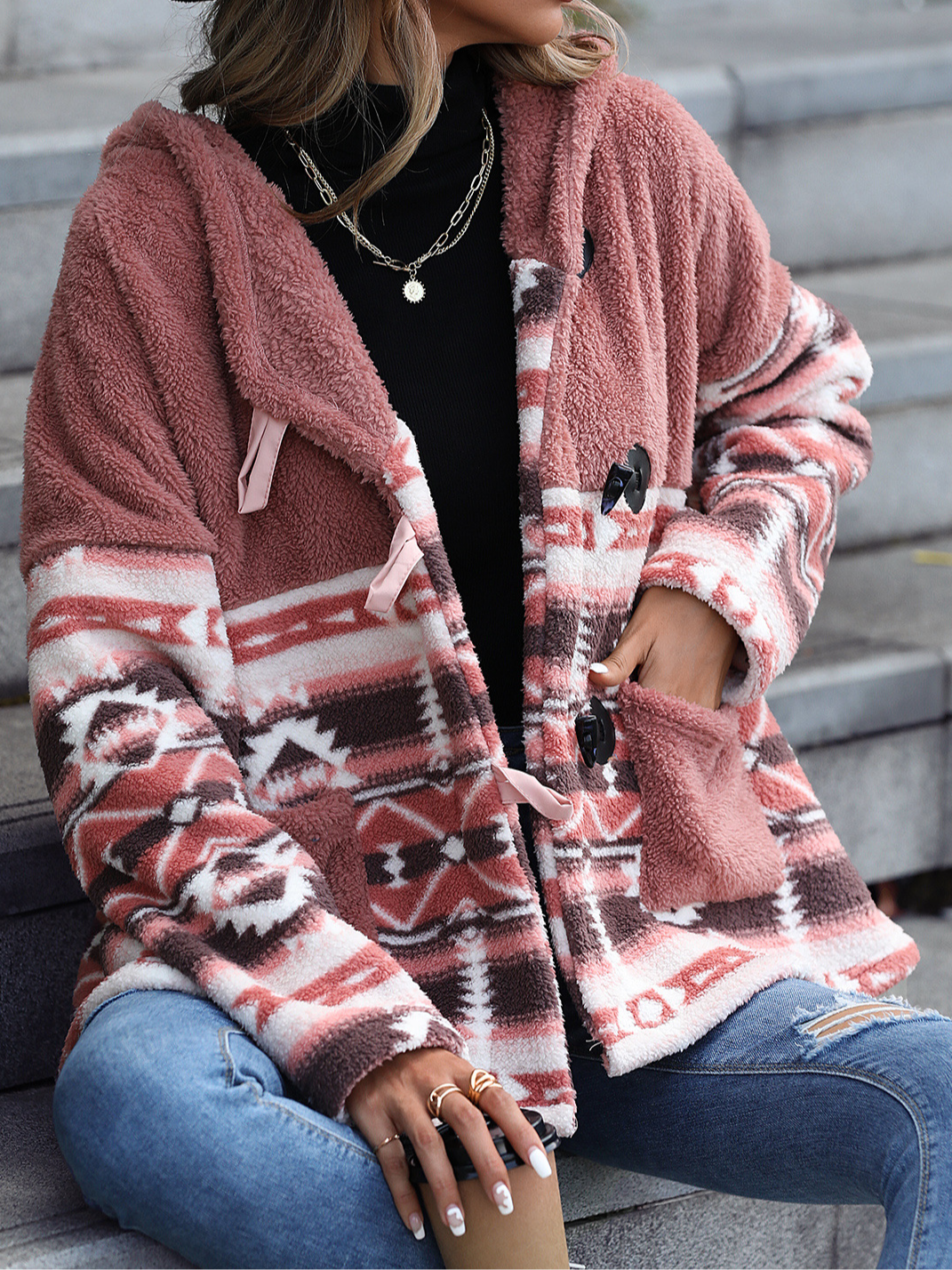 Ethnic Geometry Loose Vintage Hoodie Teddy Jacket