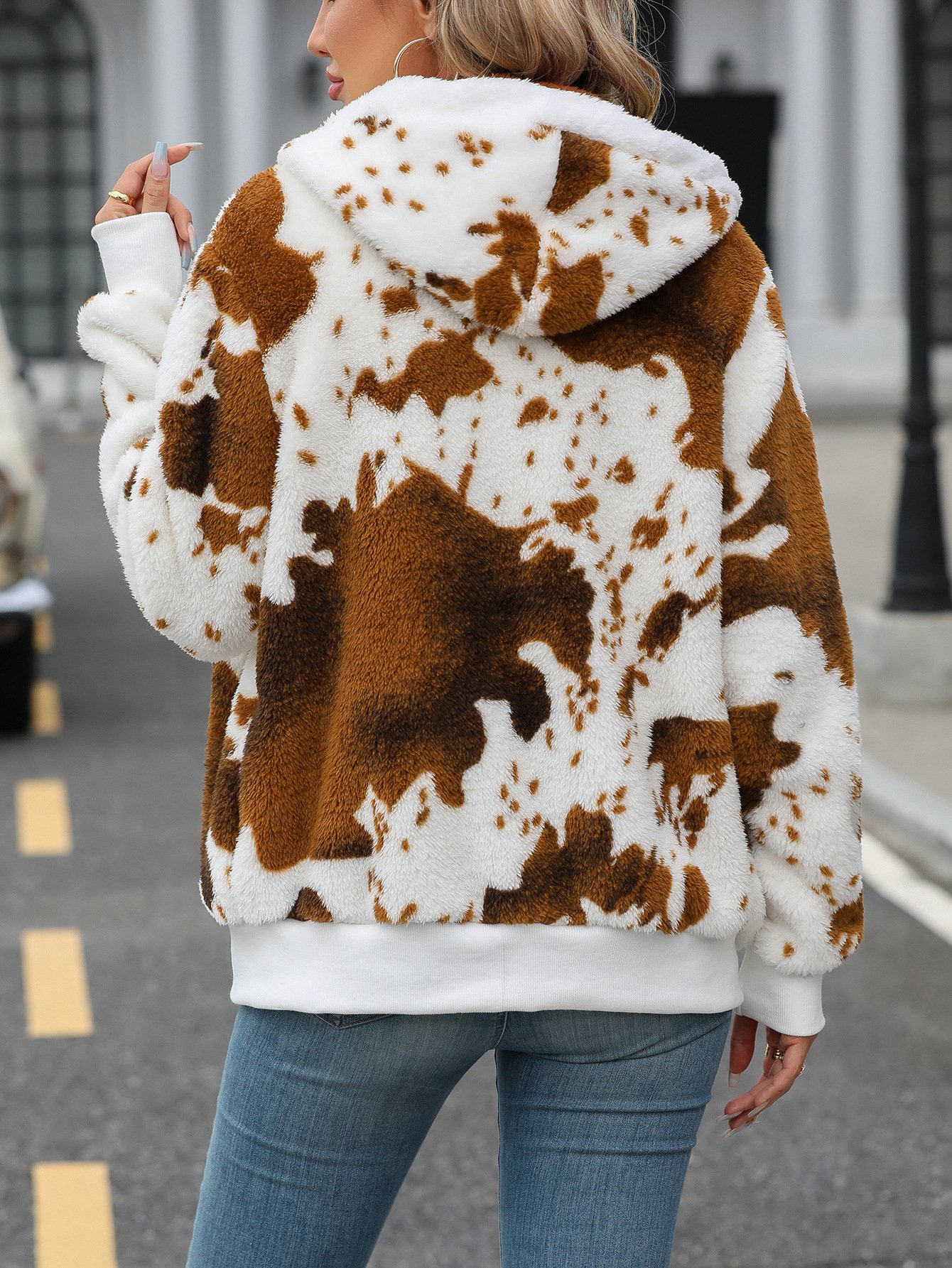 Loose Cow Pattern Casual Teddy Jacket