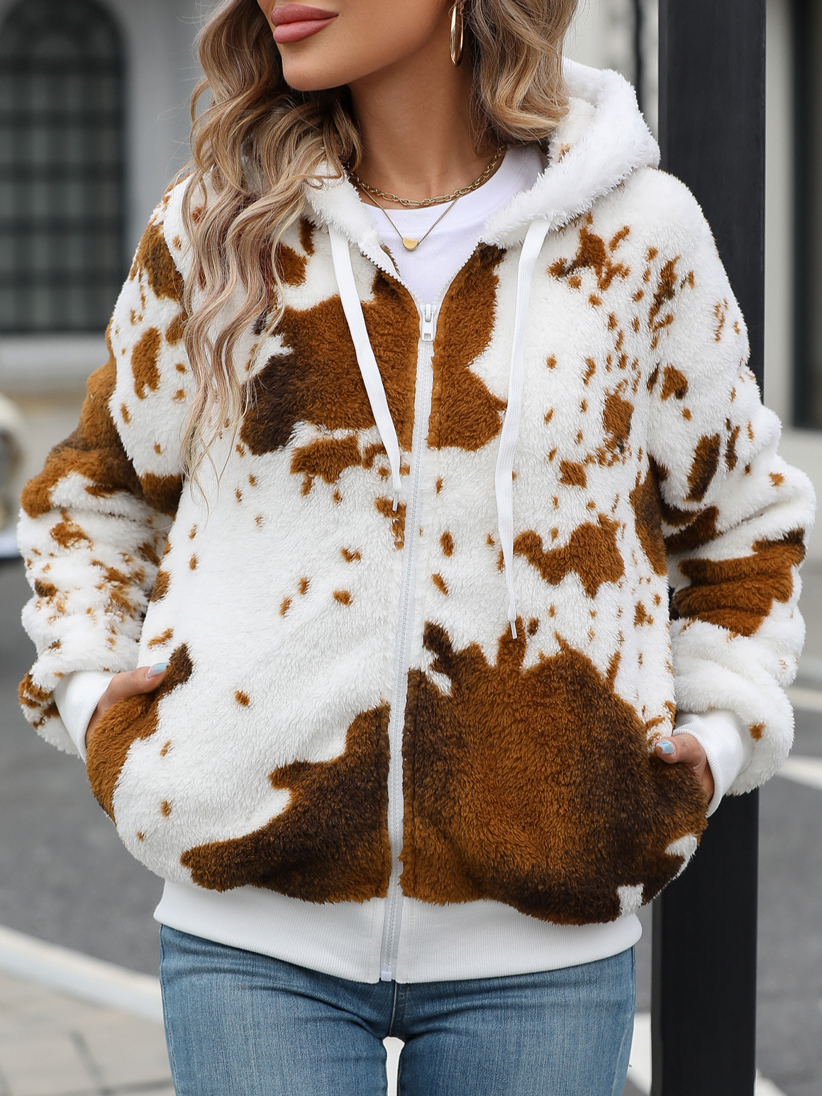 Loose Cow Pattern Casual Teddy Jacket