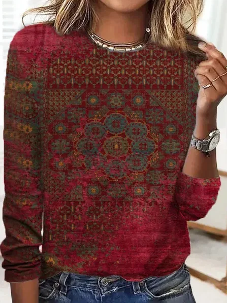 Casual Crew Neck Ethnic Loose T-Shirt