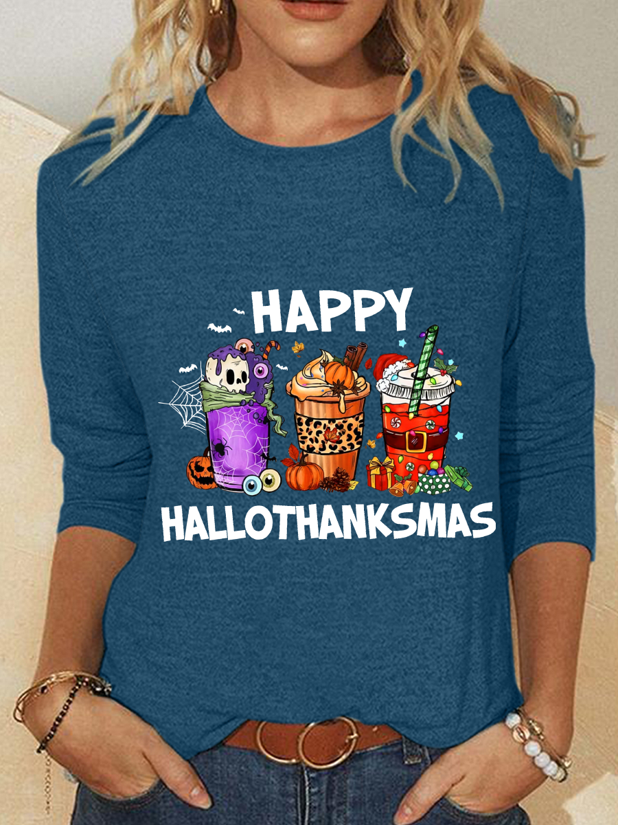 Happy Hallothanksmas For Coffee Lover Casual Long Sleeve Shirt