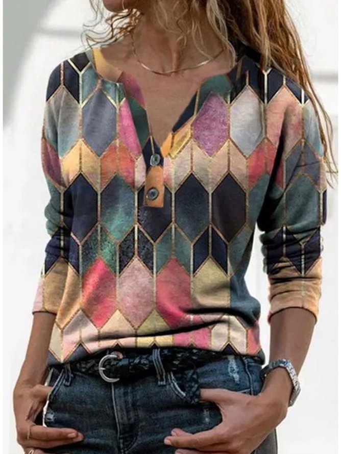 Women V Neck Geometric Buttoned Casual Long Sleeve Shirt Top