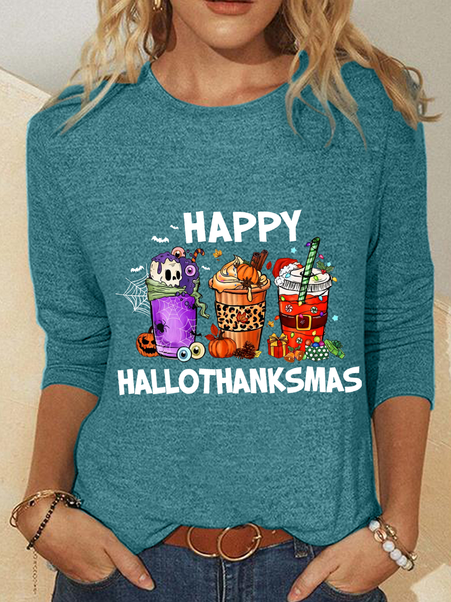 Happy Hallothanksmas For Coffee Lover Casual Long Sleeve Shirt