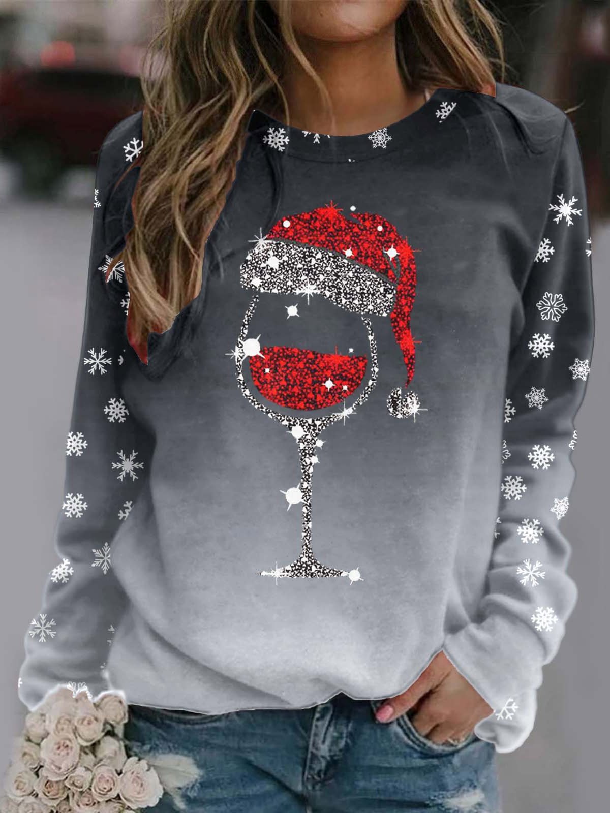 Loose Crew Neck Christmas Wine Glass Casual Sweatshirt