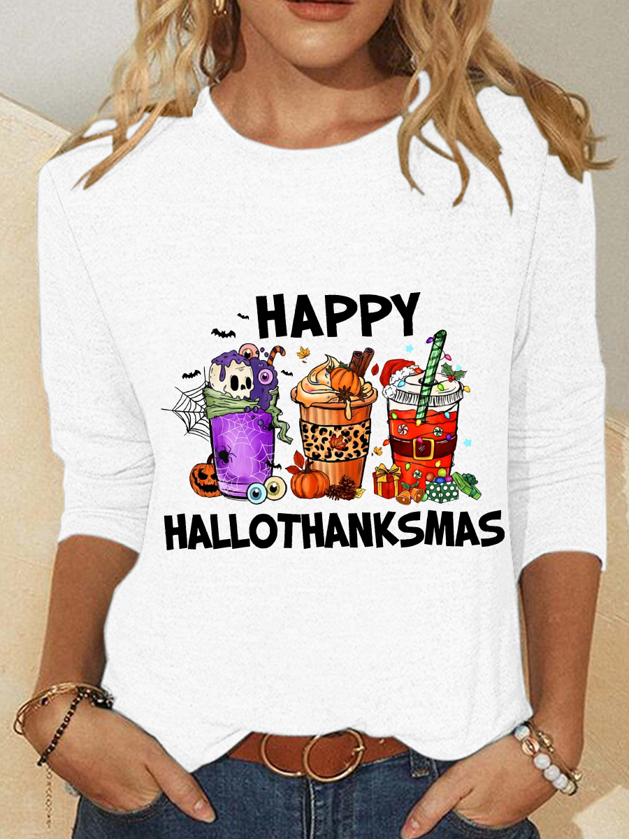 Happy Hallothanksmas For Coffee Lover Casual Long Sleeve Shirt