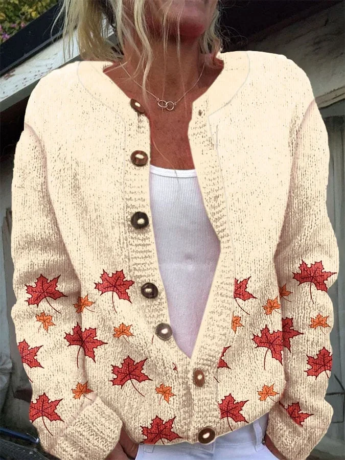 Women's Thanksgiving Fall Leaves Print Cozy Knit Cardigan