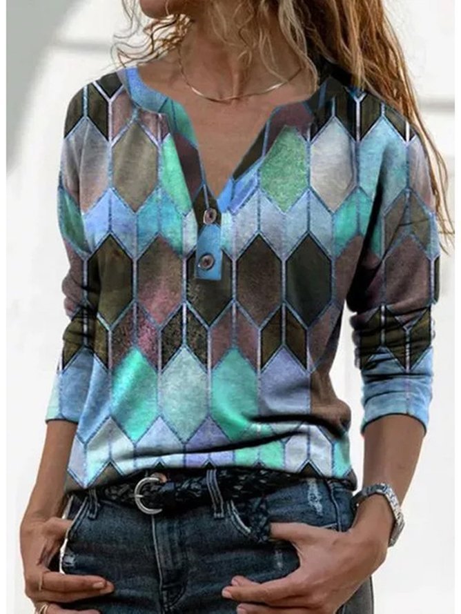 Women V Neck Geometric Buttoned Casual Long Sleeve Shirt Top