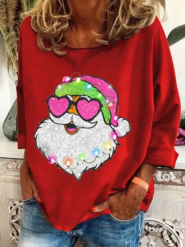 Women'S Pink Santa Christmas Printed Crew Neck Sweatshirt