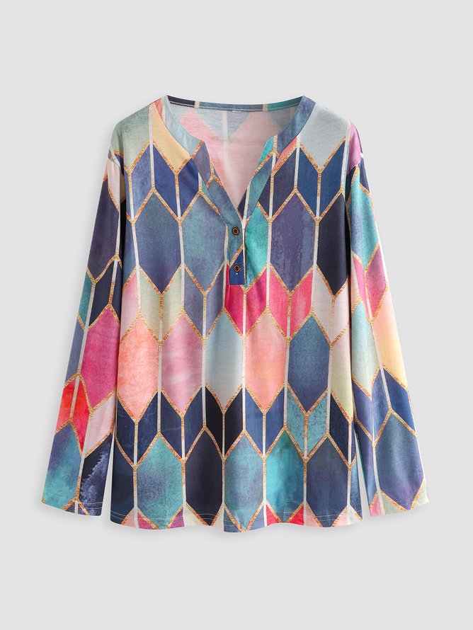 Women V Neck Geometric Buttoned Casual Long Sleeve Shirt Top