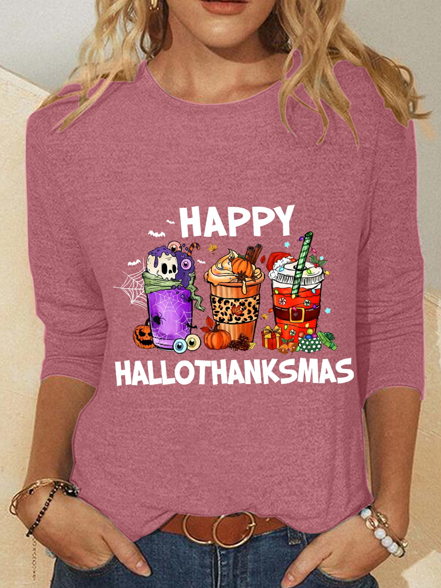 Happy Hallothanksmas For Coffee Lover Casual Long Sleeve Shirt