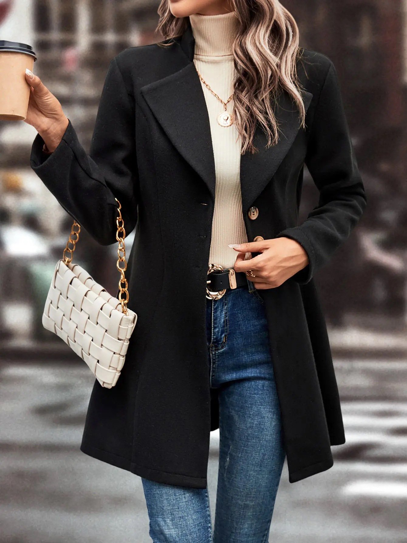 Loose Plain Shawl Collar Casual Coat