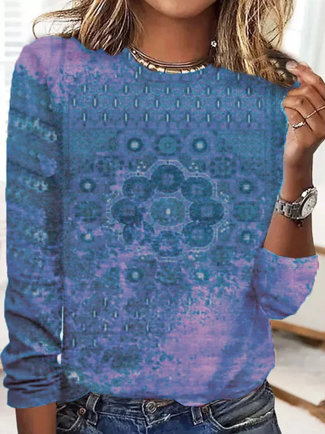 Casual Crew Neck Ethnic Loose T-Shirt