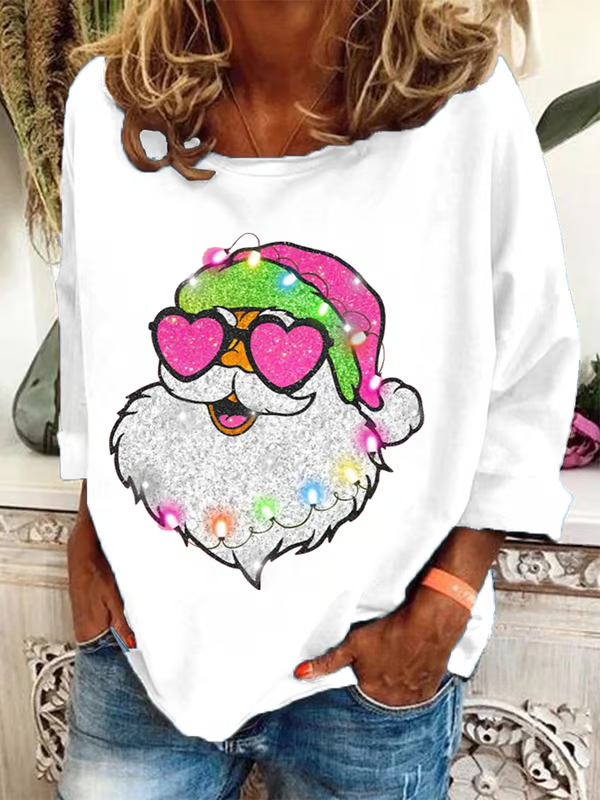 Women'S Pink Santa Christmas Printed Crew Neck Sweatshirt