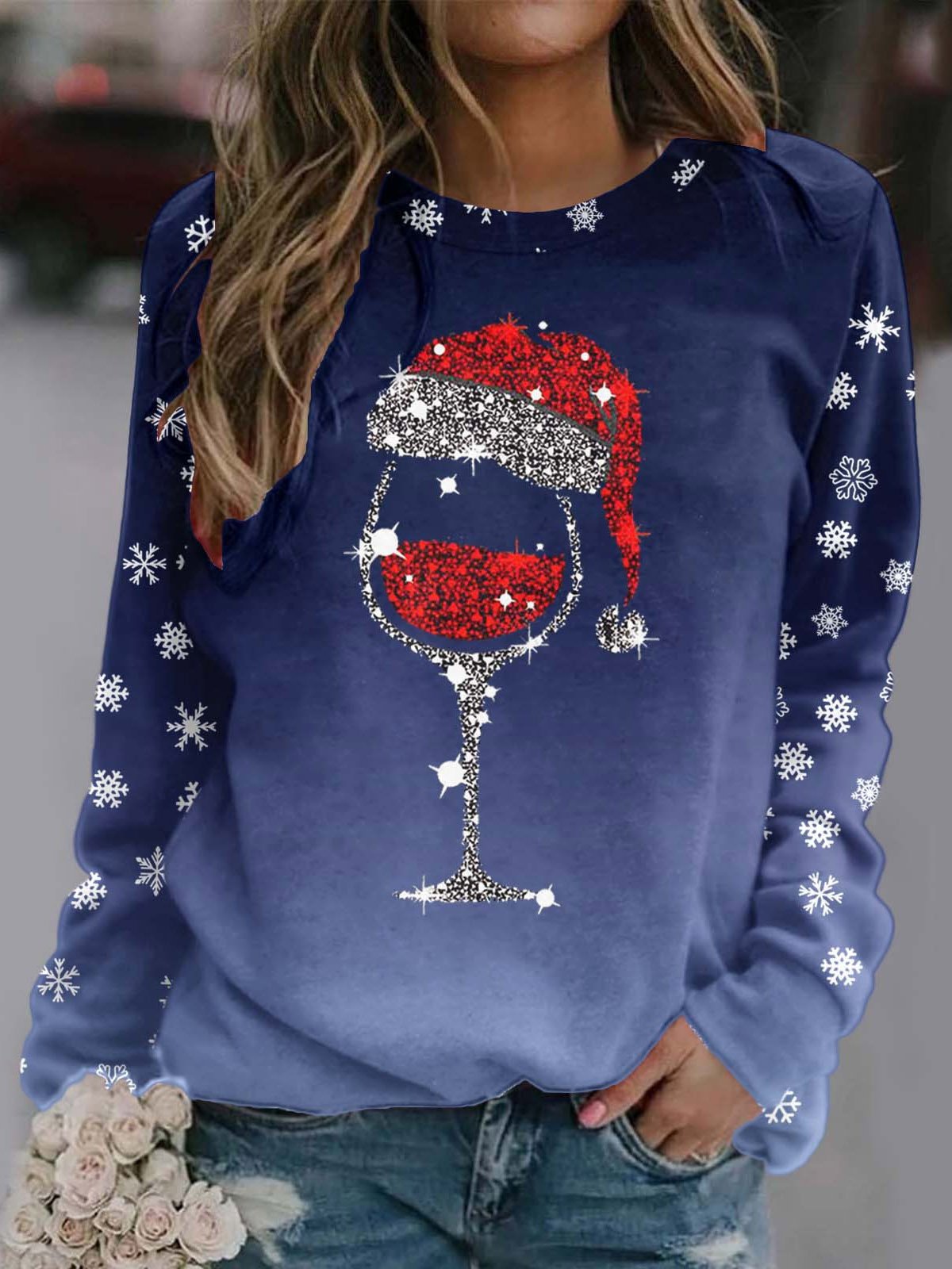 Loose Crew Neck Christmas Wine Glass Casual Sweatshirt