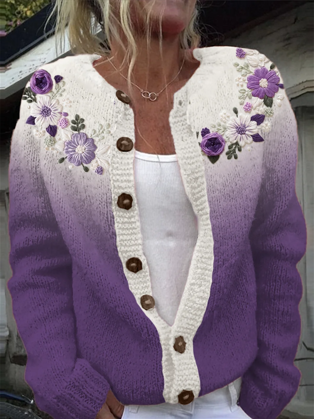 Floral gradient knitted sweater cardigan