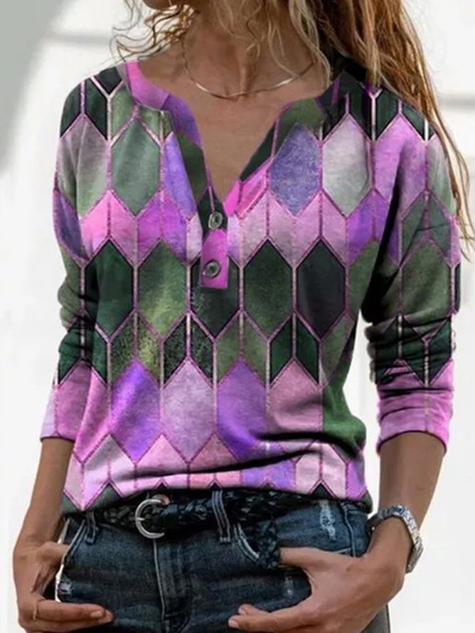 Women V Neck Geometric Buttoned Casual Long Sleeve Shirt Top