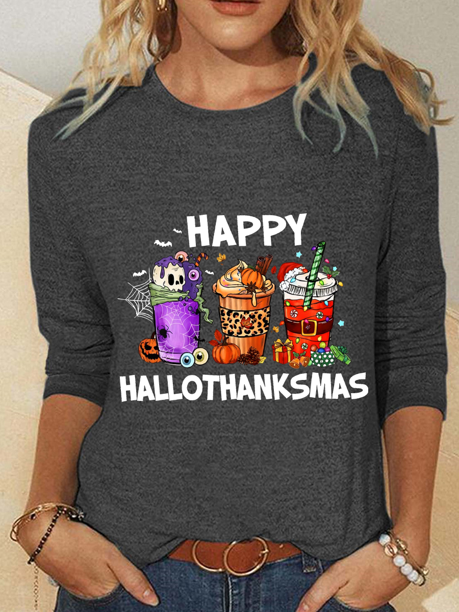 Happy Hallothanksmas For Coffee Lover Casual Long Sleeve Shirt