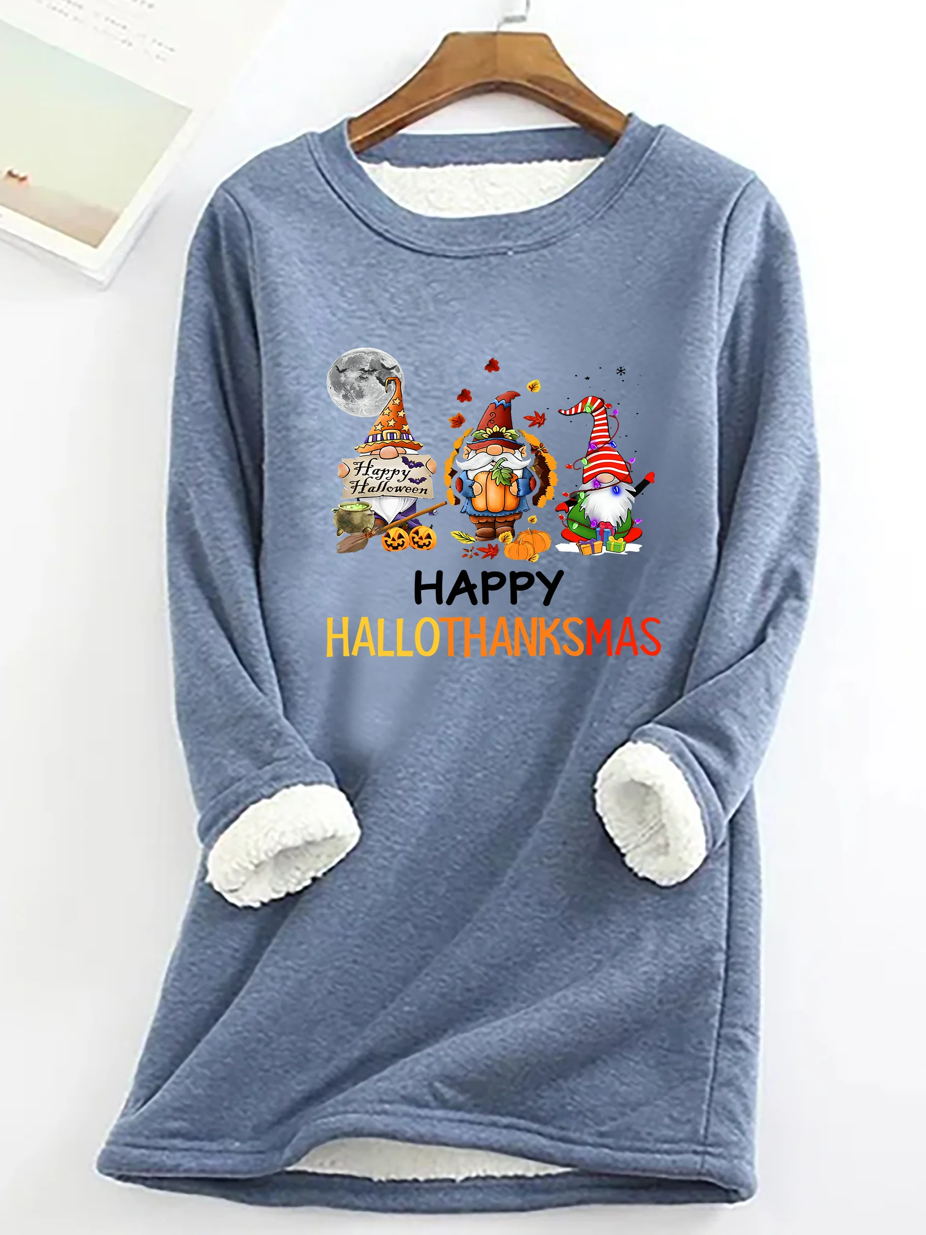 Happy Hallothanksmas Halloween Thanksgiving Christmas Gnome Casual Fluff Fleece Fabric Sweatshirt