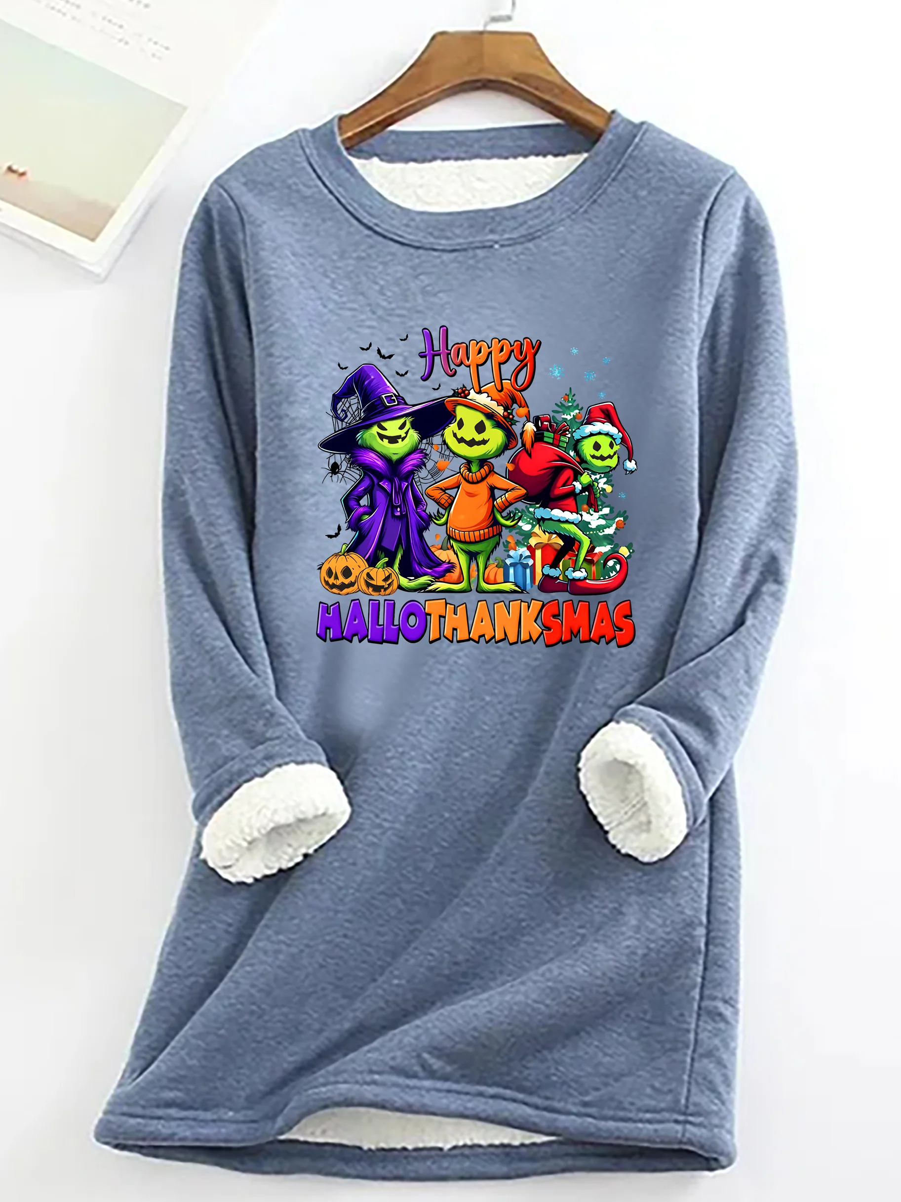 Happy Hallothanksmas Casual Fluff Fleece Fabric Sweatshirt