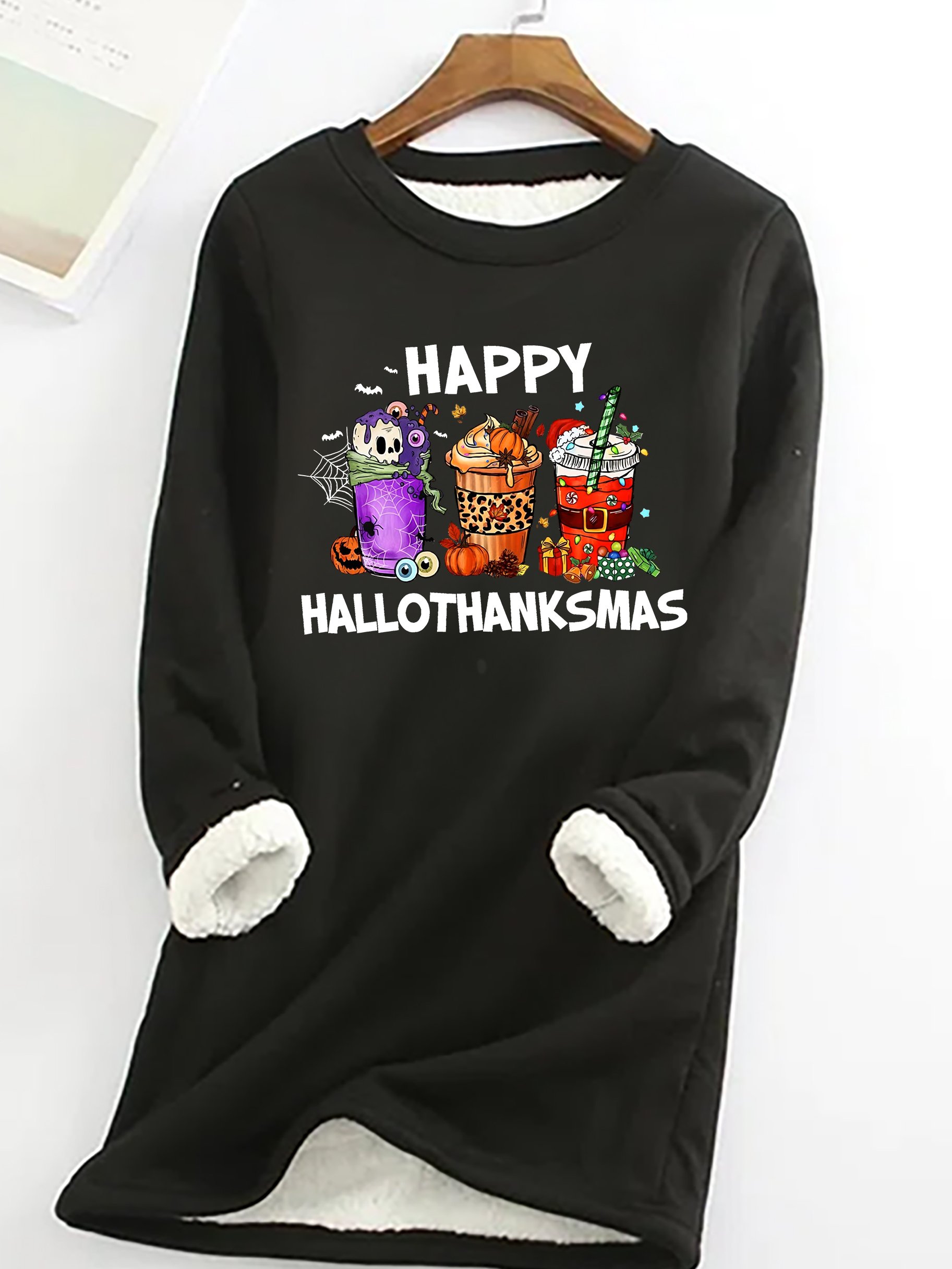 Happy Hallothanksmas For Coffee Lover Casual Fluff Fleece Fabric Sweatshirt