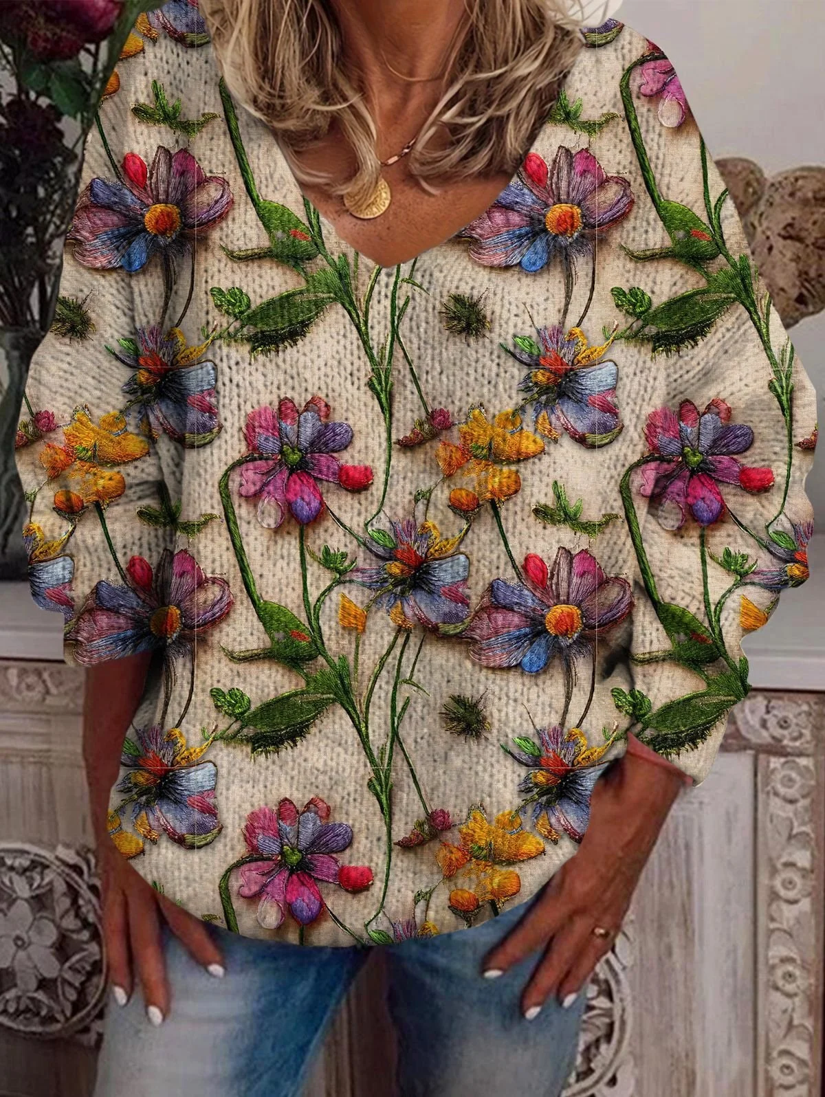 V Neck Casual Floral Sweater