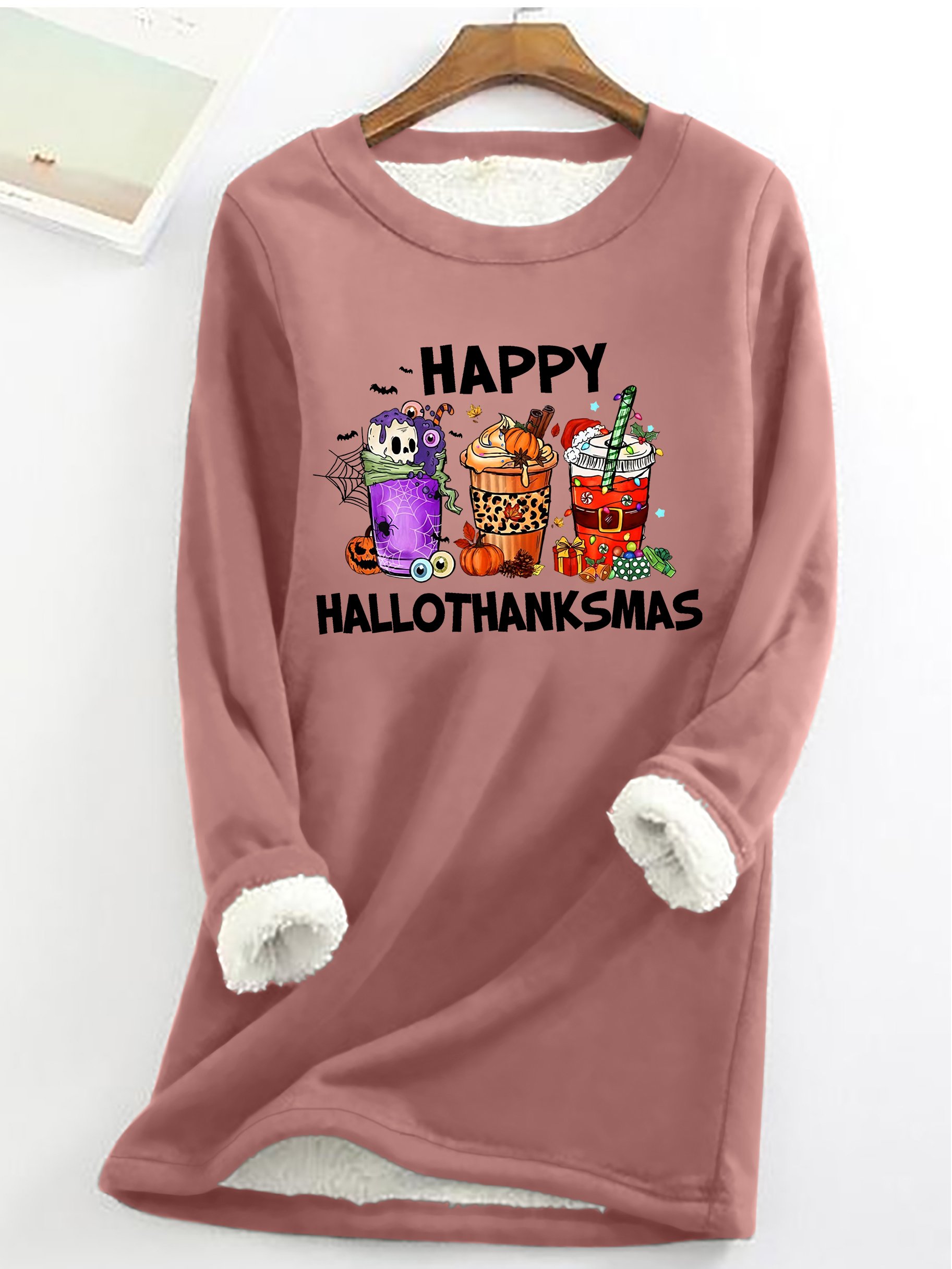 Happy Hallothanksmas For Coffee Lover Casual Fluff Fleece Fabric Sweatshirt