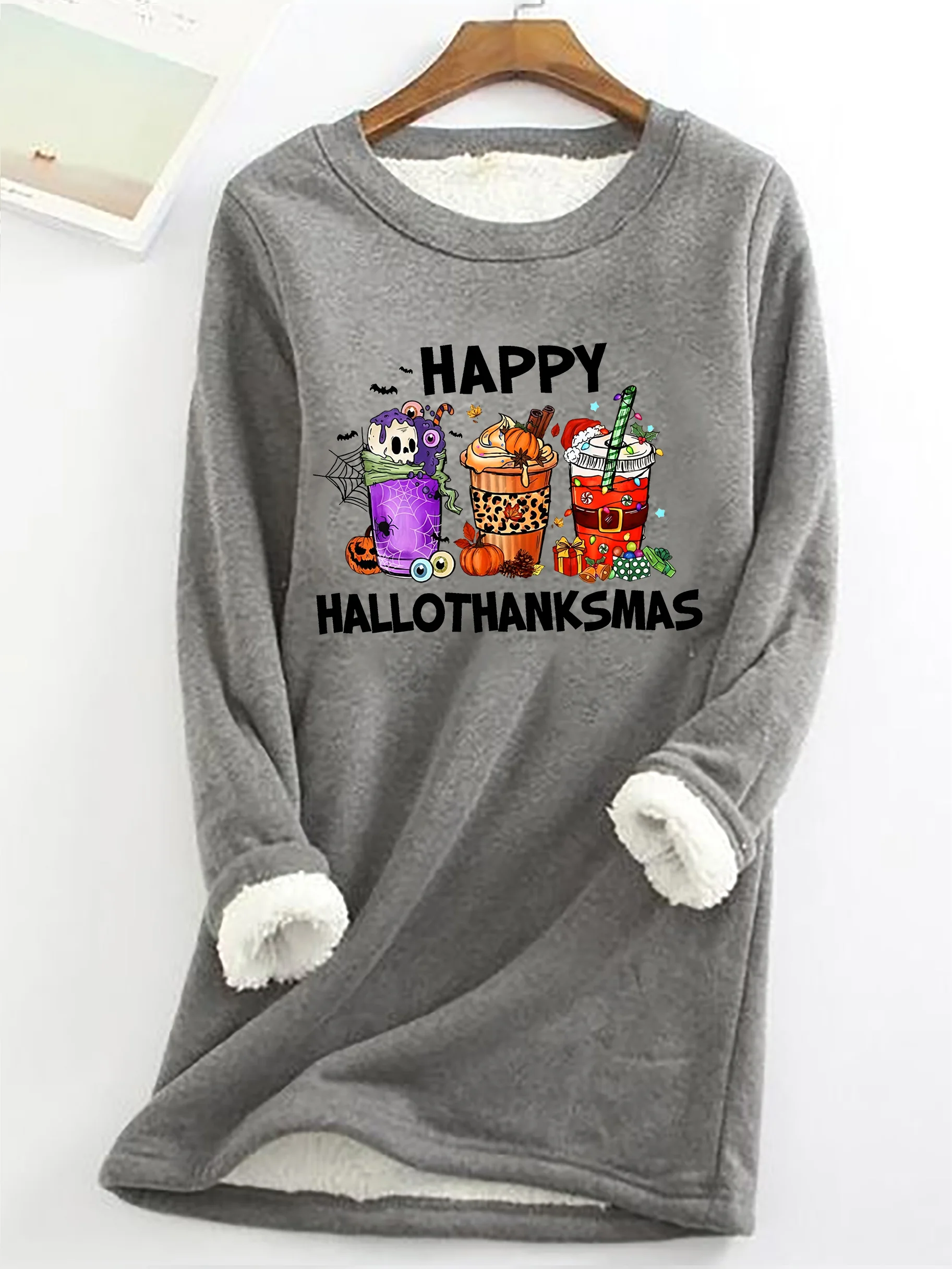 Happy Hallothanksmas For Coffee Lover Casual Fluff Fleece Fabric Sweatshirt