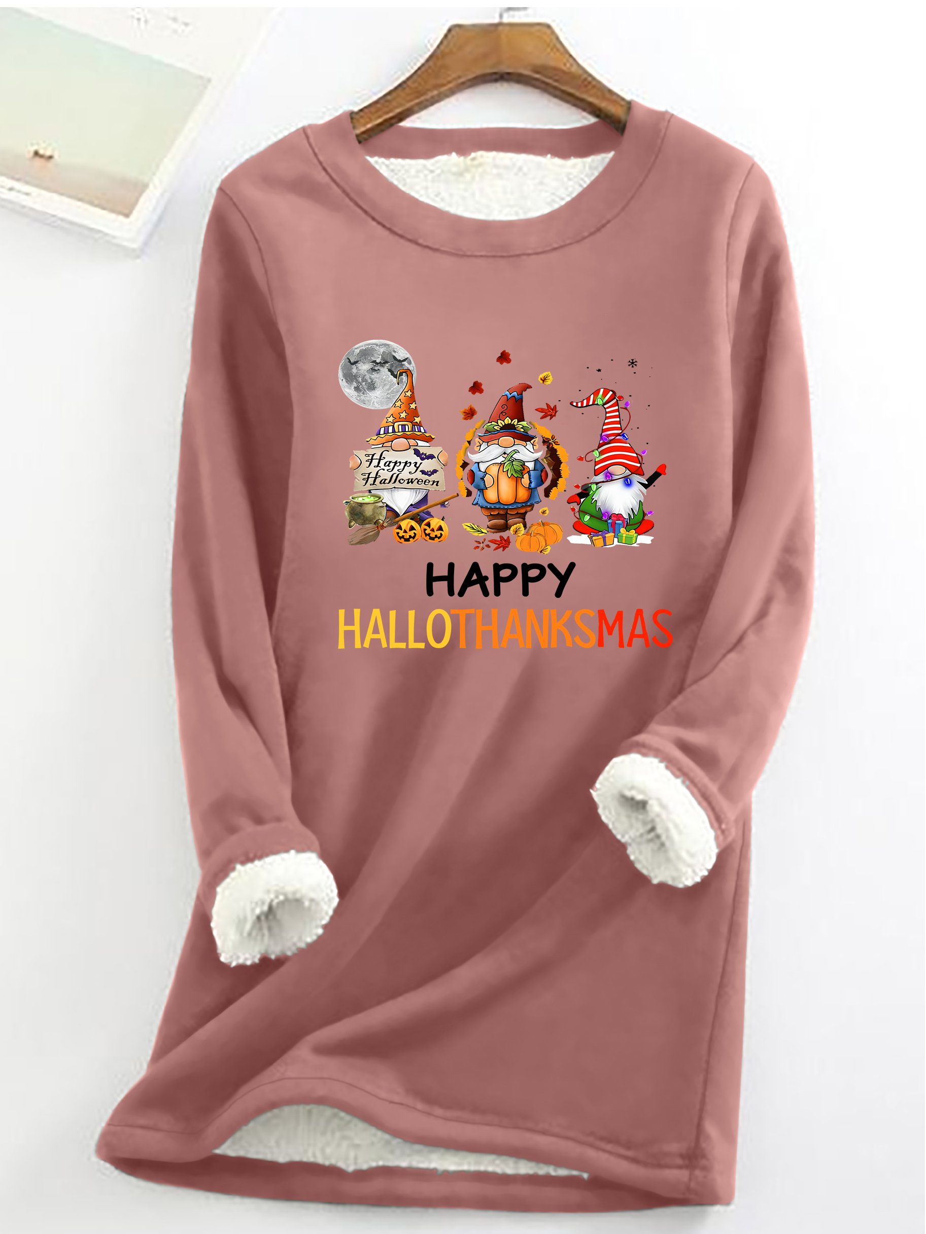 Happy Hallothanksmas Halloween Thanksgiving Christmas Gnome Casual Fluff Fleece Fabric Sweatshirt