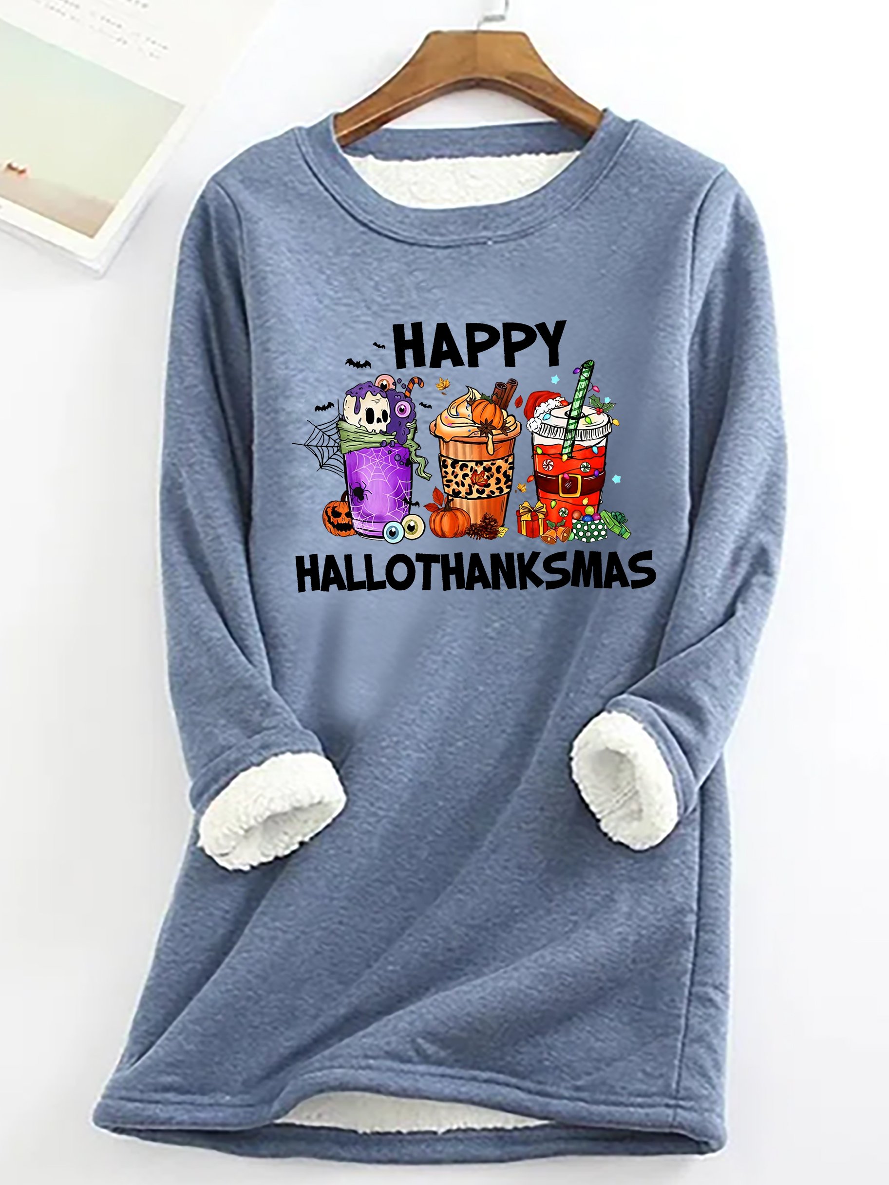 Happy Hallothanksmas For Coffee Lover Casual Fluff Fleece Fabric Sweatshirt