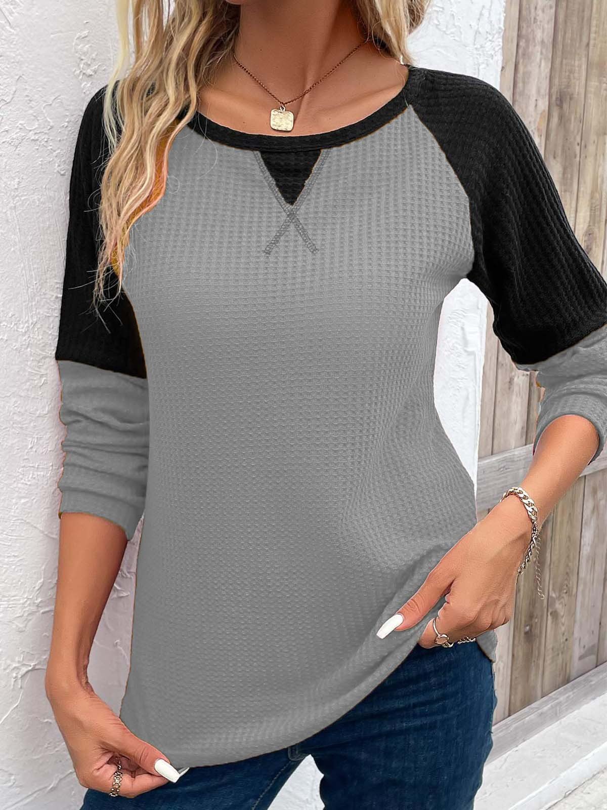 Casual Crew Neck Color Block Blouse