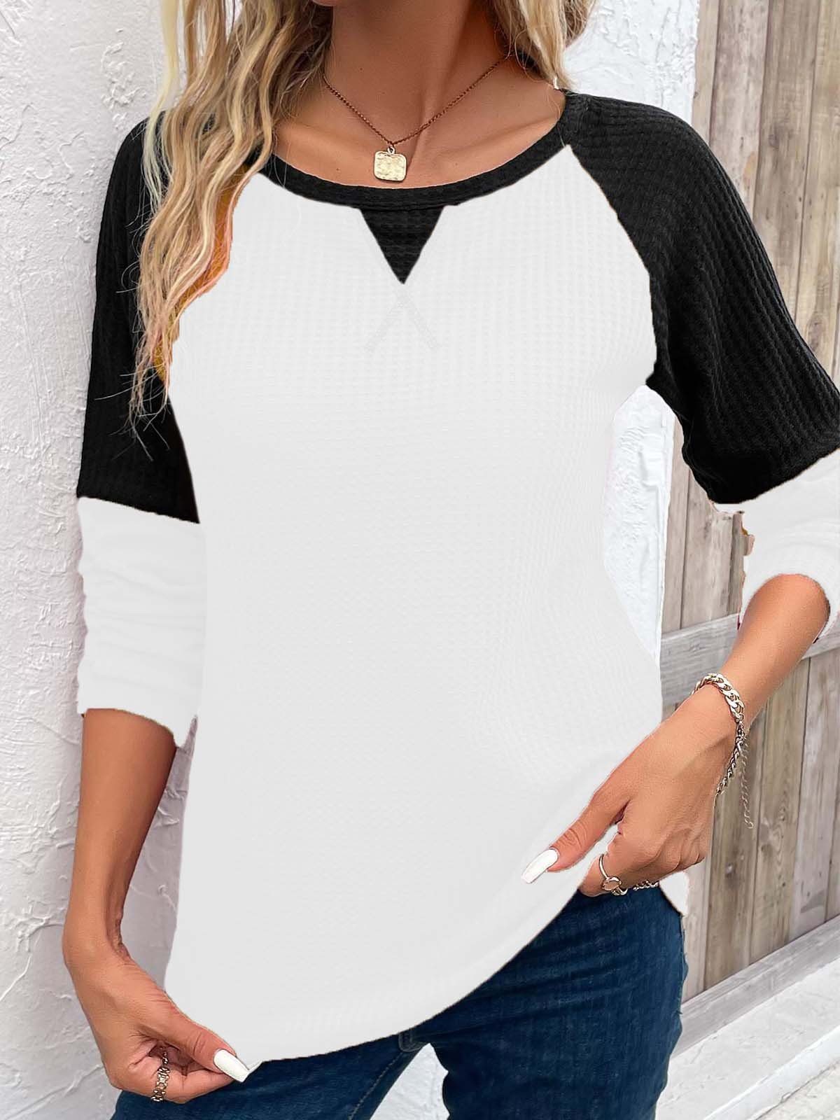 Casual Crew Neck Color Block Blouse