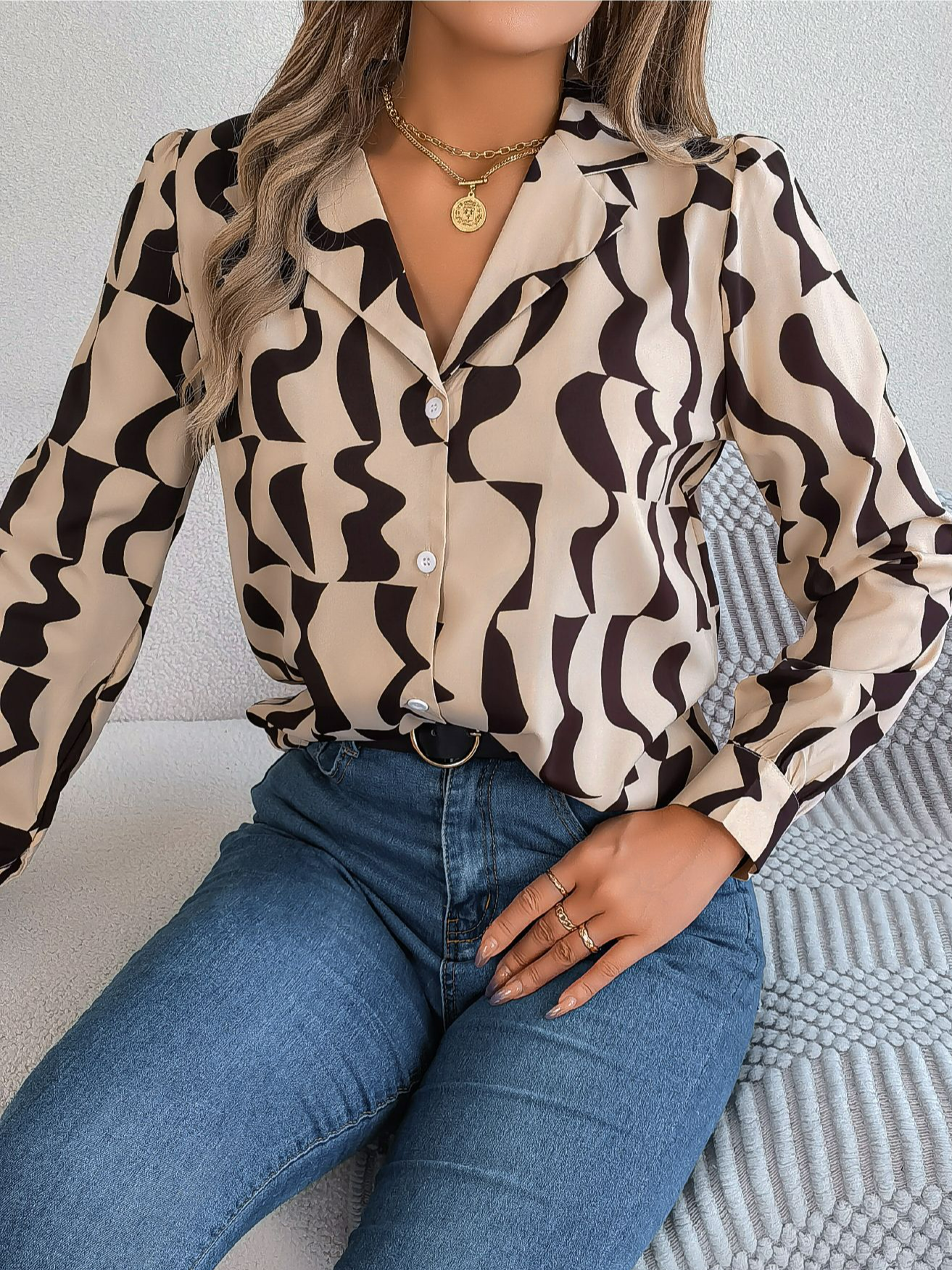 Women's Long Sleeve Shirt Spring/Fall Coffee Geometric Buckle Shirt Collar Daily Going Out Casual Top