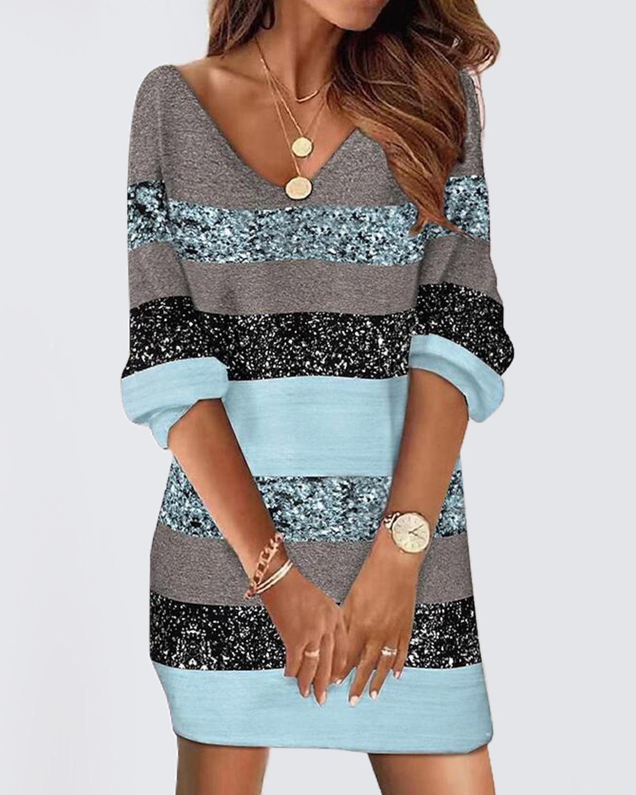 Striped Loose V Neck Casual Dress