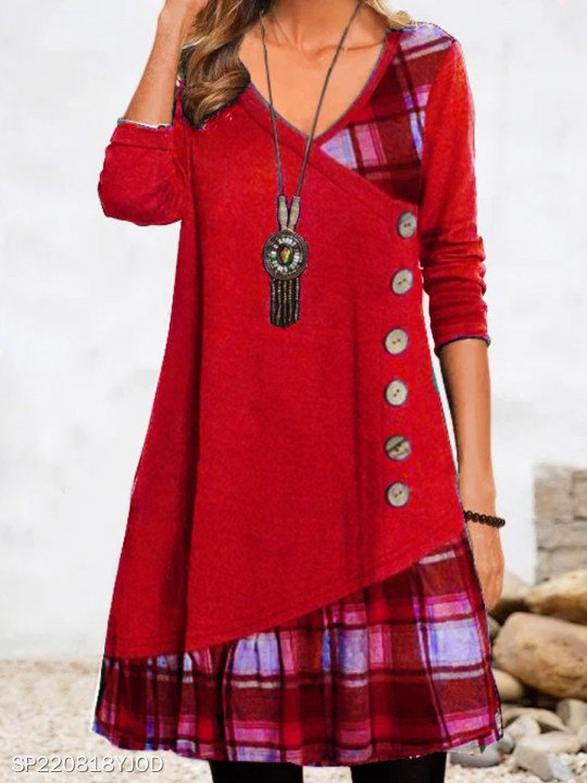 Casual Plaid Panel Loose Crew Neck Dress