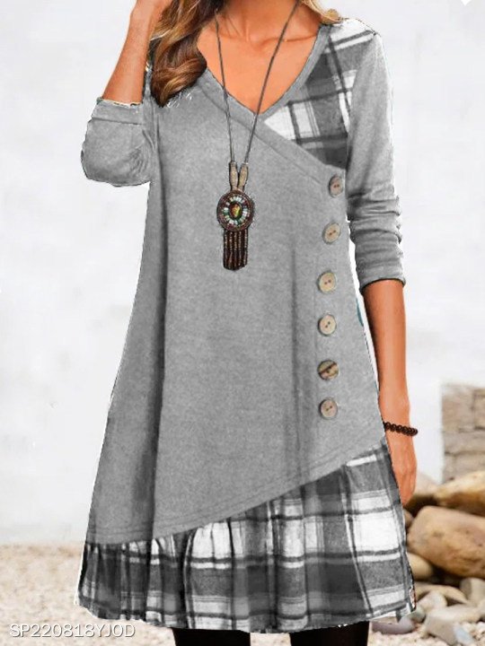 Casual Plaid Panel Loose Crew Neck Dress