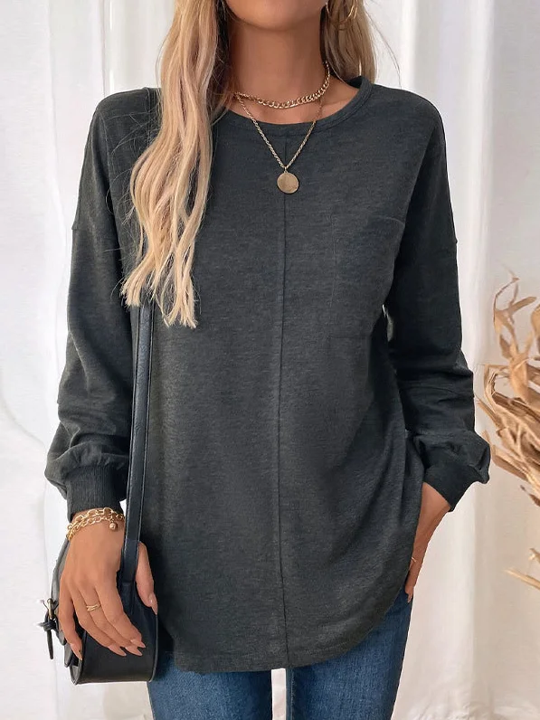 Women's Long Sleeve Blouse Spring/Fall Deep Gray Plain Knitted Crew Neck Daily Going Out Casual Top