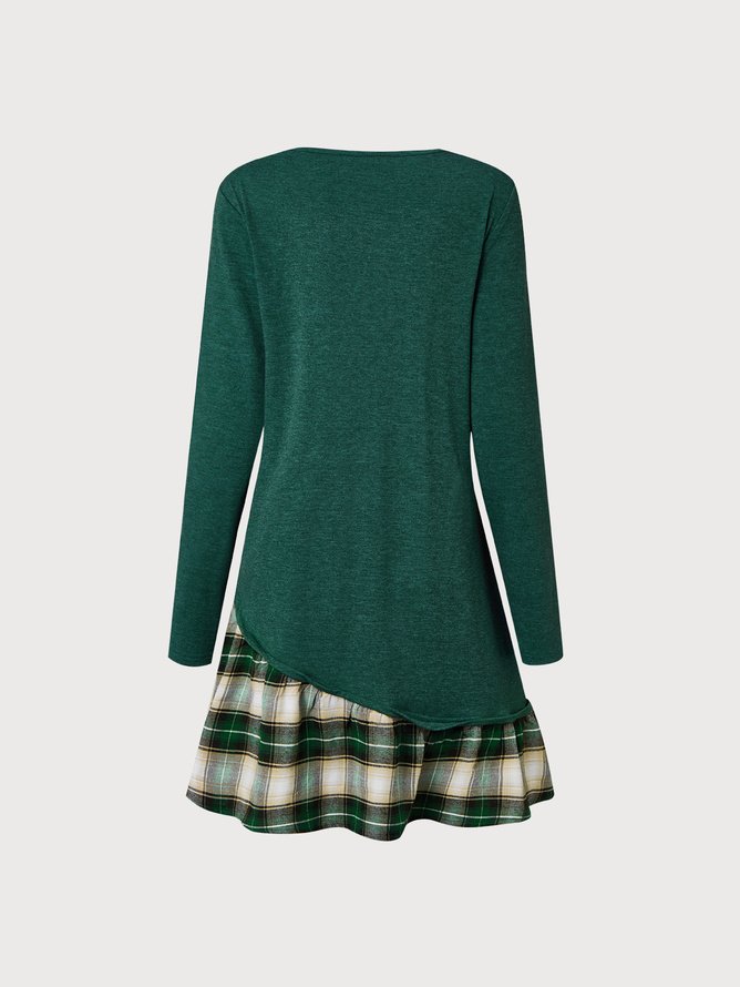 Casual Plaid Panel Loose Crew Neck Dress