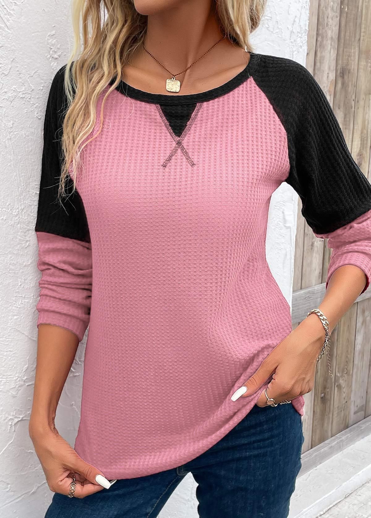 Casual Crew Neck Color Block Blouse