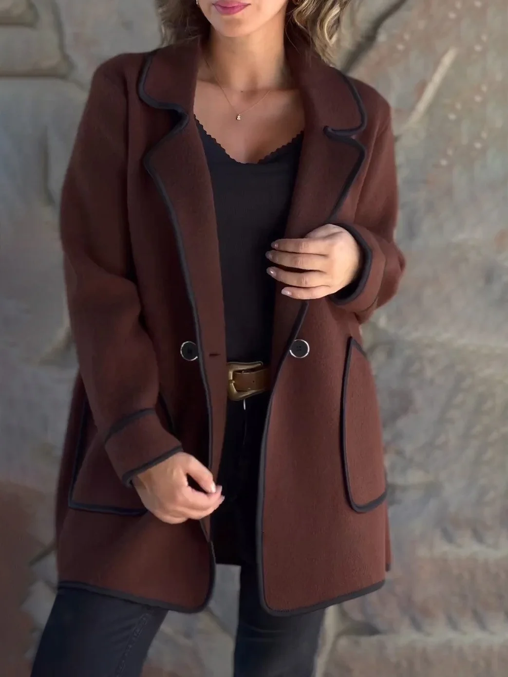 Loose Plain Casual Shawl Collar Coat