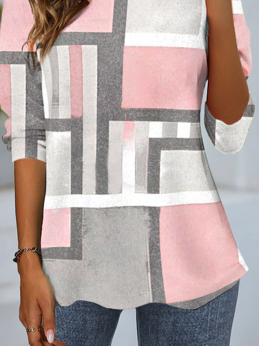 Women's Long Sleeve T-shirt Spring/Fall Pink Geometric Jersey Crew Neck Daily Going Out Casual Top