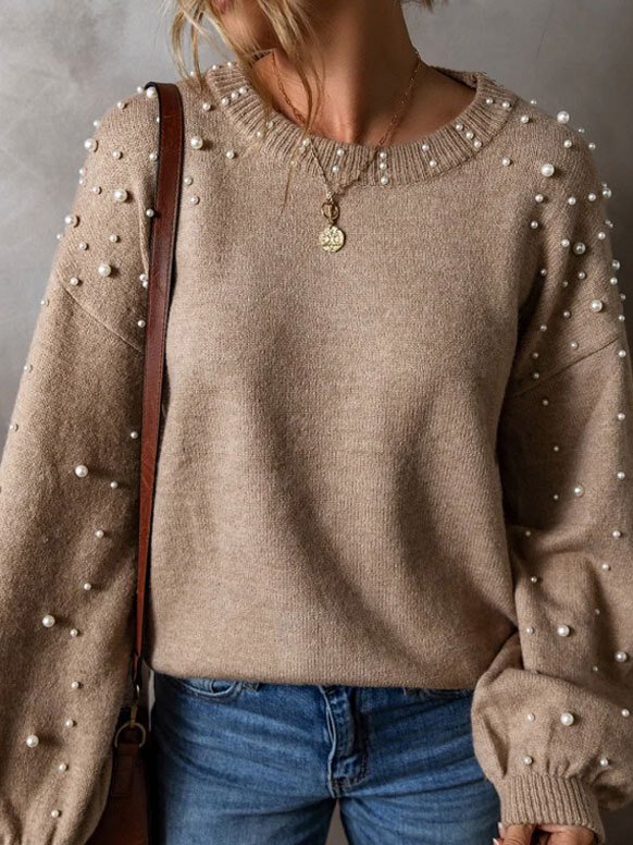 Beaded Wool/Knitting Regular Fit Casual Balloon Sleeve Sweater