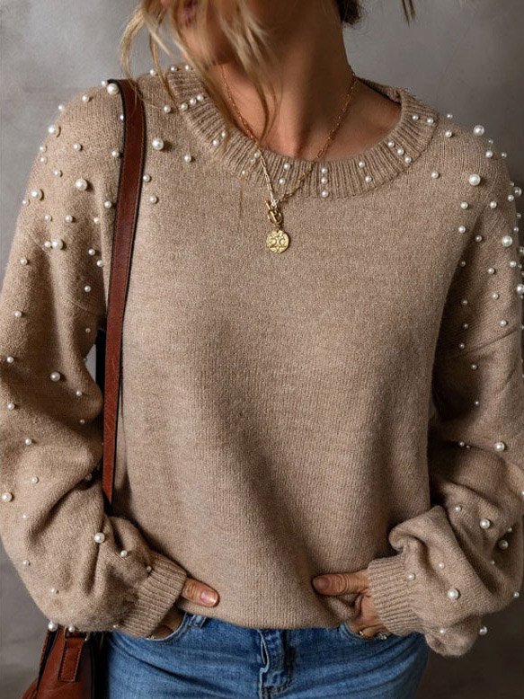 Beaded Wool/Knitting Regular Fit Casual Balloon Sleeve Sweater