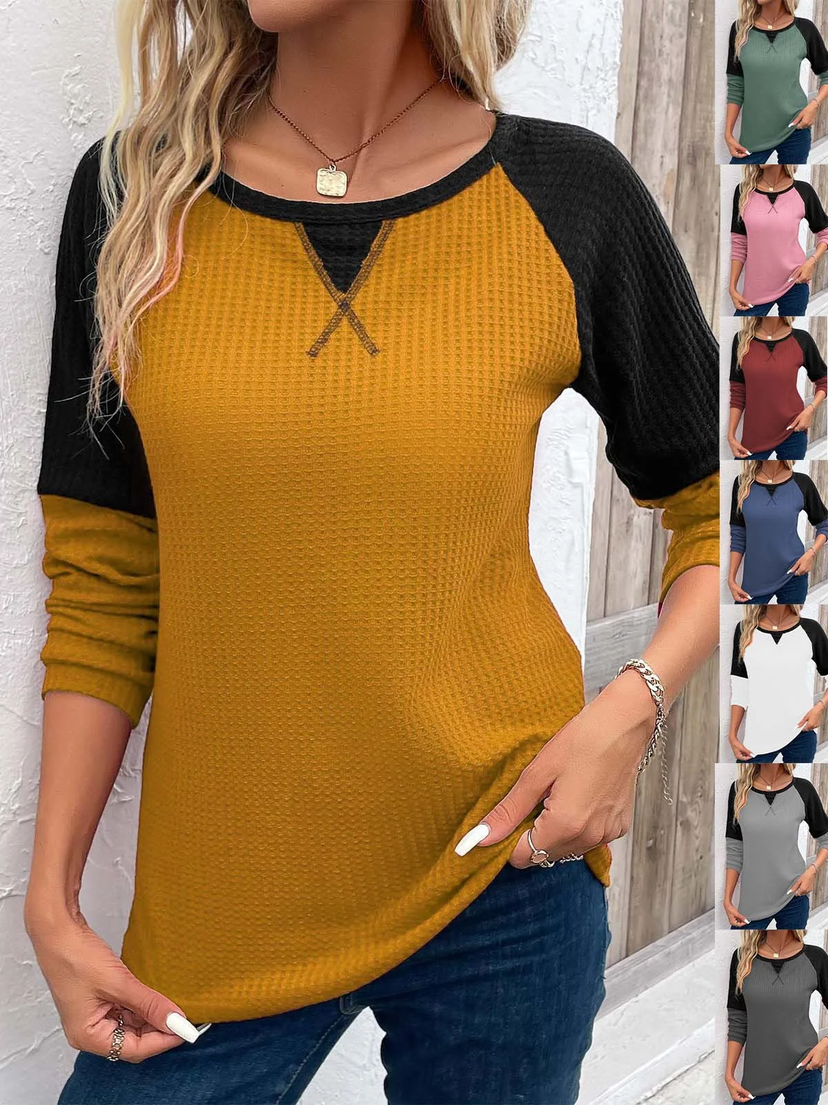 Casual Crew Neck Color Block Blouse