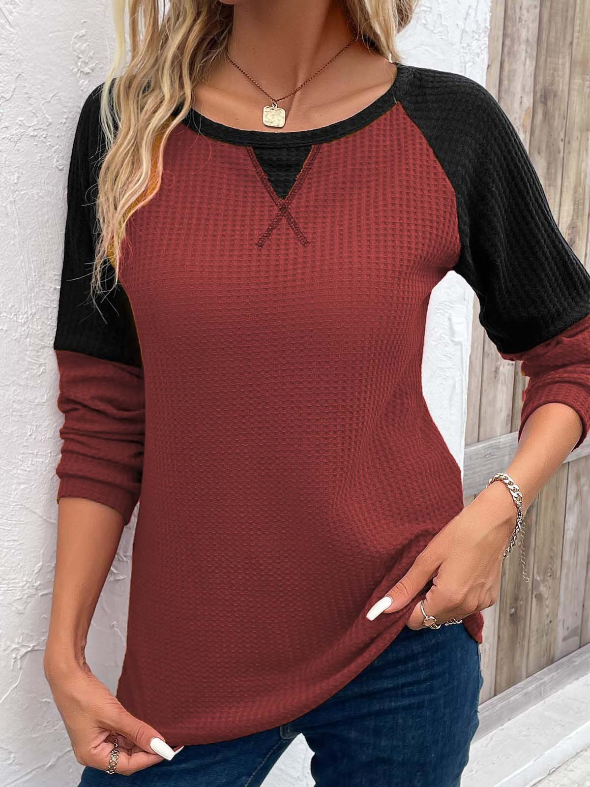 Casual Crew Neck Color Block Blouse