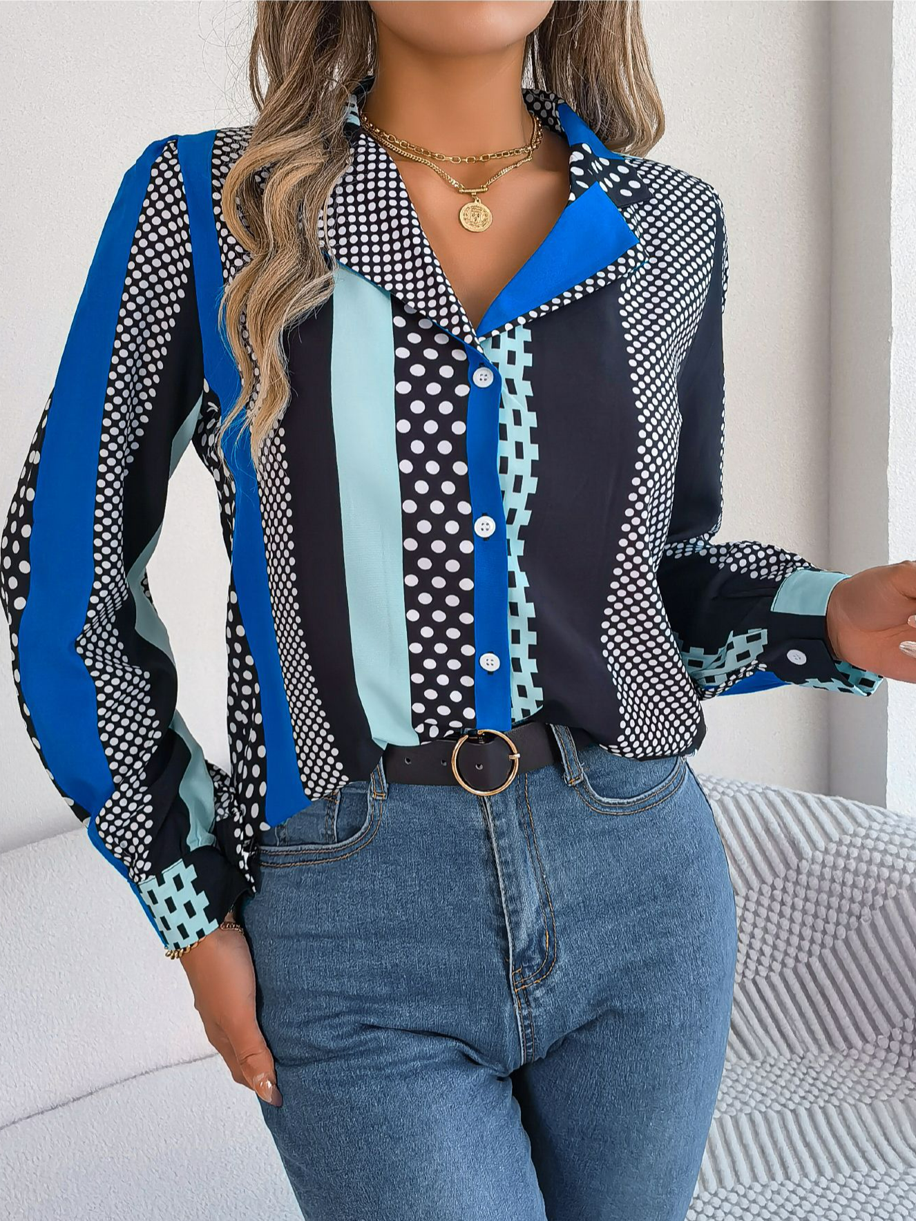 Women's Long Sleeve Shirt Spring/Fall Blue Geometric Shirt Collar Daily Going Out Casual Top