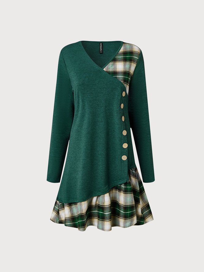 Casual Plaid Panel Loose Crew Neck Dress