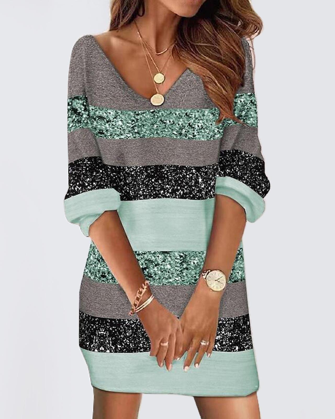 Striped Loose V Neck Casual Dress