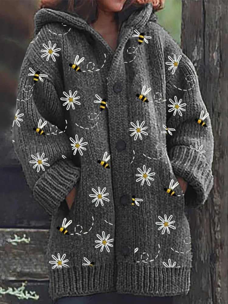 Women's Cute Embroidered Bee Pattern Cozy Knitted Hooded Cardigan